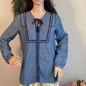 J. CREW Denim Peasant Top with Tie Closure at Neck
